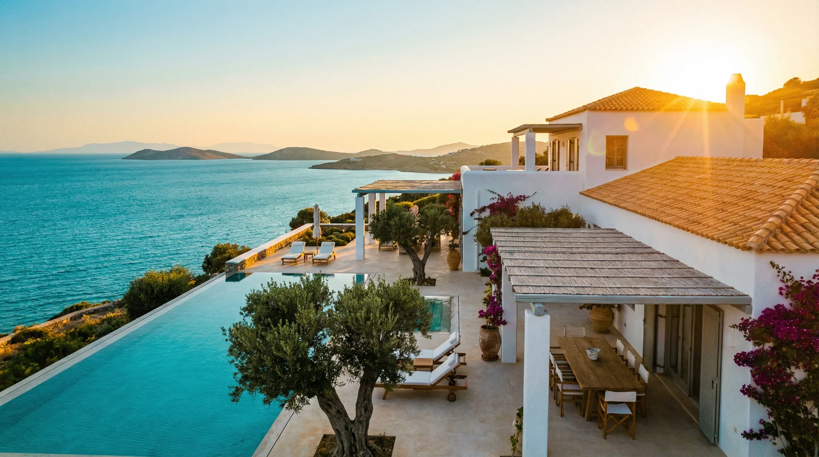 Luxury Mediterranean coastal villa at golden hour with infinity pool overlooking the azure sea